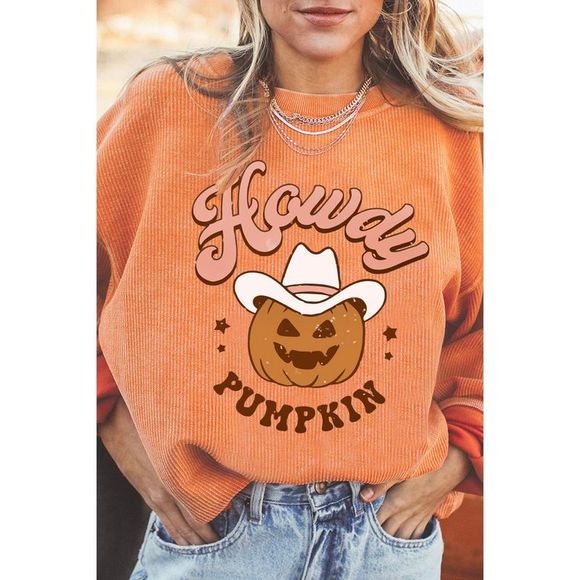 Azura Exchange Orange Howdy Pumpkin Halloween Graphic Corded Sweatshirt - Picture 1 of 8